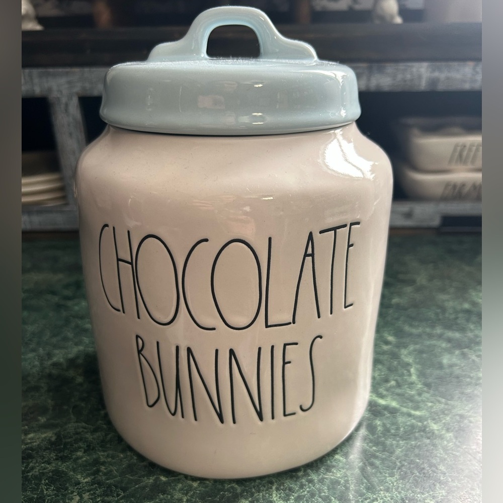Rae Dunn Chocolate Bunnies Large Canister With Blue Lid
